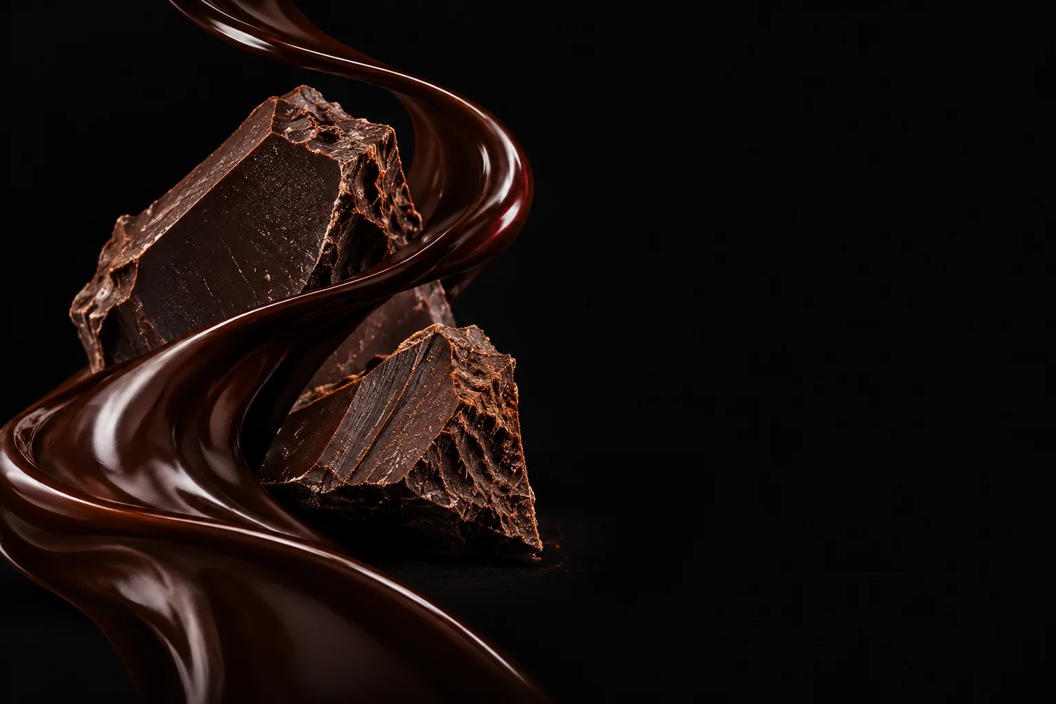 Dark chocolate folds sweeping around two fractured chocolate pieces against black